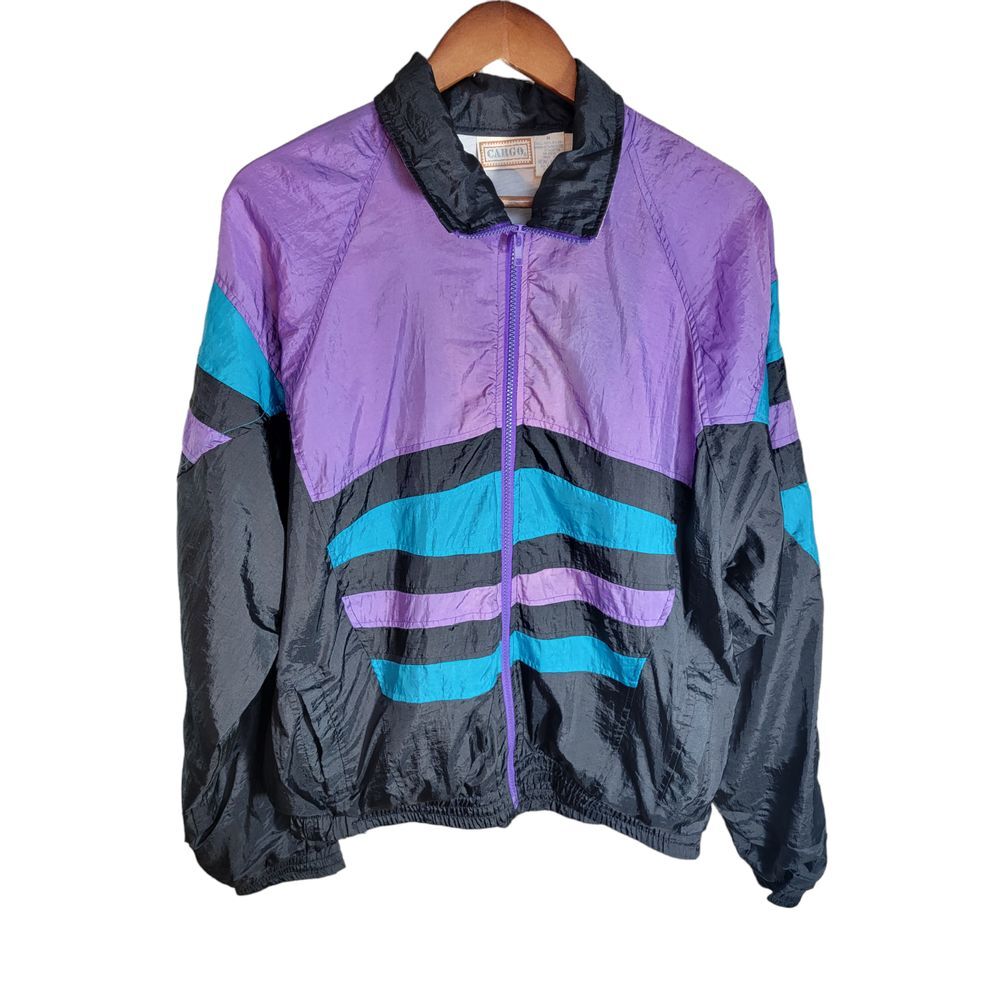 VTG Cargo Mens Windbreaker Jacket Black Purple Teal Full Zip Size Medium‎